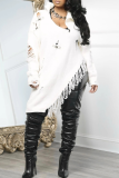 White Casual Solid Color Fringed Trim Zipper Asymmetrical Collar Tops