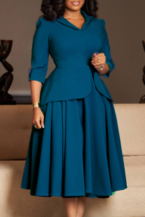 Malachite Green Casual Solid Color Slit Turndown Collar Long Dresses