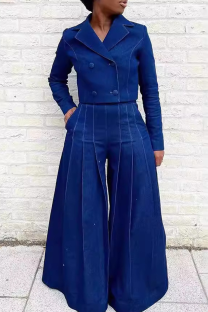 Deep Blue Casual Solid Color Buttons Turn-back Collar Long Sleeve Two Pieces