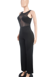 Black Casual Solid Color Hot Drill O Neck Regular Jumpsuits