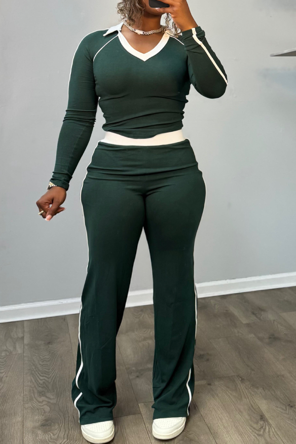 Green Casual Solid Color Contrast O Neck Long Sleeve Two Pieces