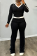 Black Casual Solid Color Contrast O Neck Long Sleeve Two Pieces
