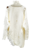 White Casual Solid Color Fringed Trim Zipper Asymmetrical Collar Tops