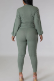 Green Casual Solid Color Strap Design V Neck Long Sleeve Two Pieces