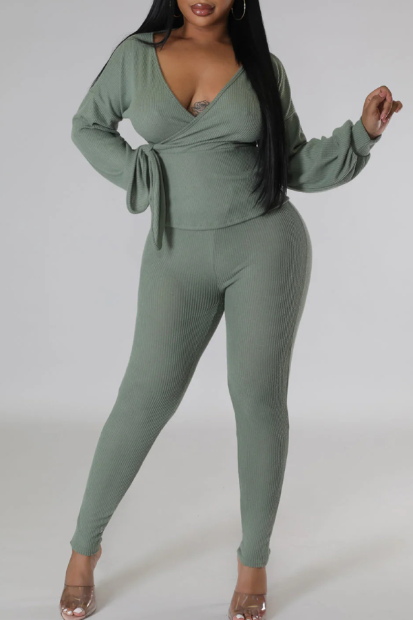 Green Casual Solid Color Strap Design V Neck Long Sleeve Two Pieces