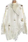 White Casual Solid Color Fringed Trim Zipper Asymmetrical Collar Tops