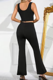 Black Casual Solid Color Hot Drill O Neck Sleeveless Two Pieces