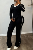Green Casual Solid Color Contrast O Neck Long Sleeve Two Pieces