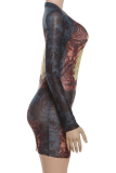 Multicolor Sexy Print Patchwork O Neck Wrapped Skirt Dresses