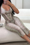 Snake Print Sexy Snakeskin Print Patchwork Halter Skinny Rompers