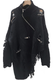 White Casual Solid Color Fringed Trim Zipper Asymmetrical Collar Tops