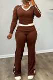 Green Casual Solid Color Contrast O Neck Long Sleeve Two Pieces