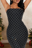Black Sexy Solid Color Hot Drill Spaghetti Strap Wrapped Skirt Dresses