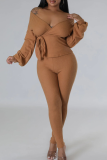 Green Casual Solid Color Strap Design V Neck Long Sleeve Two Pieces