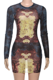 Multicolor Sexy Print Patchwork O Neck Wrapped Skirt Dresses