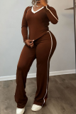Green Casual Solid Color Contrast O Neck Long Sleeve Two Pieces