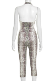 Snake Print Sexy Snakeskin Print Patchwork Halter Skinny Rompers