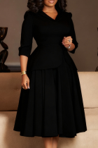 Black Casual Solid Color Slit Turndown Collar Long Dresses