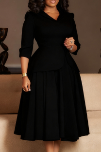 Black Casual Solid Color Slit Turndown Collar Long Dresses