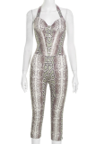 Snake Print Sexy Snakeskin Print Patchwork Halter Skinny Rompers