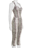 Snake Print Sexy Snakeskin Print Patchwork Halter Skinny Rompers