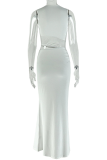 White Elegant Solid Color Hollow Out O Neck Long Dresses