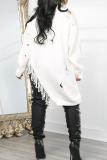 White Casual Solid Color Fringed Trim Zipper Asymmetrical Collar Tops
