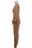 Green Casual Solid Color Strap Design V Neck Long Sleeve Two Pieces