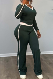 Green Casual Solid Color Contrast O Neck Long Sleeve Two Pieces