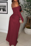 Champagne Elegant Solid Color Ruched Off Shoulder Long Dresses