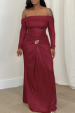 Champagne Elegant Solid Color Ruched Off Shoulder Long Dresses