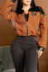 Brown Casual Letters Contrast Mandarin Collar Outerwear