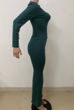 Ink Green Casual Solid Color O Neck Long Sleeve Two Pieces