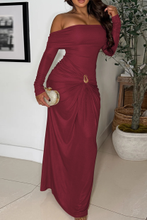 Burgundy Elegant Solid Color Ruched Off Shoulder Long Dresses