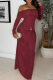 Burgundy Elegant Solid Color Ruched Off Shoulder Long Dresses