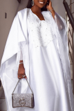 White Casual Solid Color Sequins V Neck Long Dresses