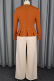 Brown Casual Buckle Contrast Asymmetrical Collar Long Sleeve Two Pieces