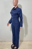 Deep Blue Casual Solid Color Buckle Turndown Collar Regular Jumpsuits