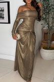 Champagne Elegant Solid Color Ruched Off Shoulder Long Dresses