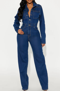 Deep Blue Casual Solid Color Buckle Turndown Collar Regular Jumpsuits