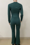 Ink Green Casual Solid Color O Neck Long Sleeve Two Pieces
