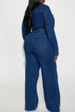 Deep Blue Casual Solid Color Buckle Turndown Collar Regular Jumpsuits