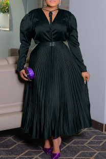 Black Elegant Solid Color Pleated V Neck Plus Size Two Pieces