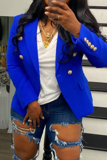 Blue Casual Solid Color Buttons Turn-back Collar Outerwear