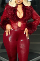 Burgundy Casual Solid Color Zipper Fluffy V Neck Outerwear