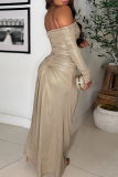 Champagne Elegant Solid Color Ruched Off Shoulder Long Dresses