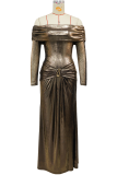 Champagne Elegant Solid Color Ruched Off Shoulder Long Dresses