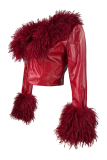 Black Casual Solid Color Zipper Fluffy V Neck Outerwear