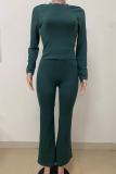 Ink Green Casual Solid Color O Neck Long Sleeve Two Pieces