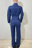 Deep Blue Casual Solid Color Buckle Turndown Collar Regular Jumpsuits
